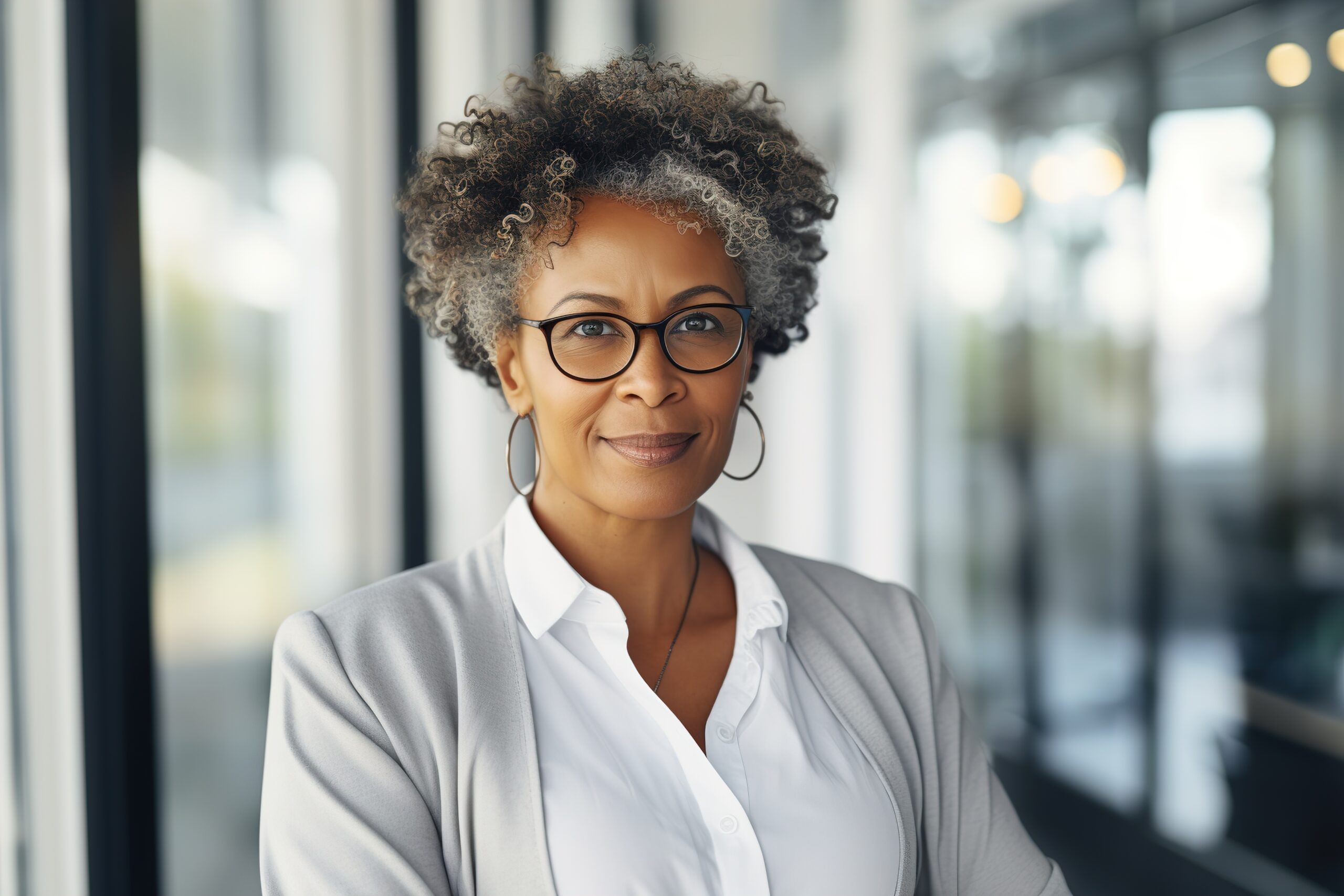 Portrait of an active senior elderly middle aged businesswoman during a meeting in the office, created using generative ai technology. Original image: AdobeStock_691136464.jpeg